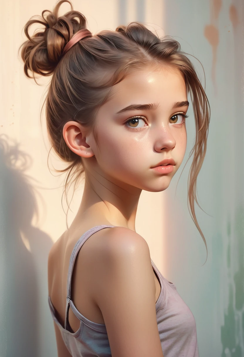 (Cinematic photo: 1.3) From (really: 1.3), (comfortable: 1.3) Beautiful 12 year old girl, (difficult messy bun of light brown hair), высокодеталFromированная текстура кожи, skinny shoulders, realistic texture кожи, looks straight into the camera, (looks at the viewer), pout, pastel, Shine, Dramatic, Dreamy, pastelный цветочный сад, Thin, skinny, gentle, Высокая деталFromация, difficult, digital painting, Fantasy theme,skinny , bare belly, Fantasy concept art , Fantasy Characters, Beautiful teenage girl, Perfect body, highly detailed full-length shot, Dreamy, pastel, watercolor, strange, gentle, highly detailed texture, realistic texture, digital painting, высокодеталFromированная фотография (art deco: 1.3), (ФотореалFromм: 1.3), (Классический реалFromм: 1.3), (Fujifilm Superia: 1.3), Natural, golden hour light