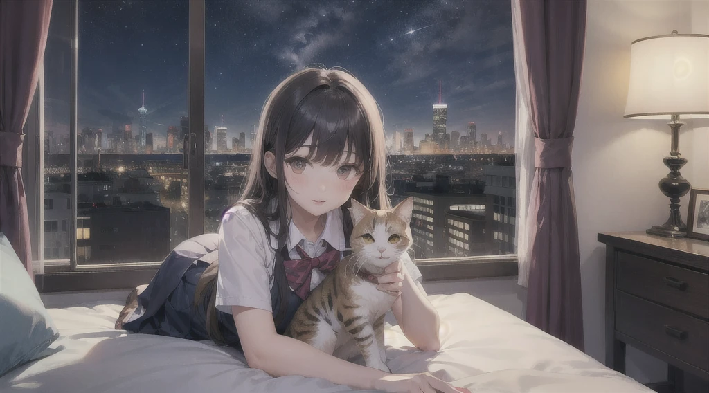 Highest quality（８ｋ）masterpiece、Time is midnight（2.0）Lying on a bed by the window, holding a cute Calico cat（2.0）、Clothing is high school uniform（1.8）The night view can be seen from the window（1.8）、A room in a high-rise apartment with very large windows（1.8）It&#39;s dim in the room.（1.8）、猫はSuper detailed、Fluffy, with each individual hair visible（2.0）、One girl、A cat、Very cute、Best Style、Hairstyle（Twin tails（1.8））The room is a high school girl&#39;s room（1.8）、There are no curtains、１７age、Firm and refreshing々Fresh skin。Plump legs、eye（Super detailed　1.8）Wearing makeup(2.0）、The cat&#39;s face does not collapse（1.8）猫のeyeは自然に。窓から見える夜景はSuper detailed（1.8）eyeはしっかり描画（2.0）