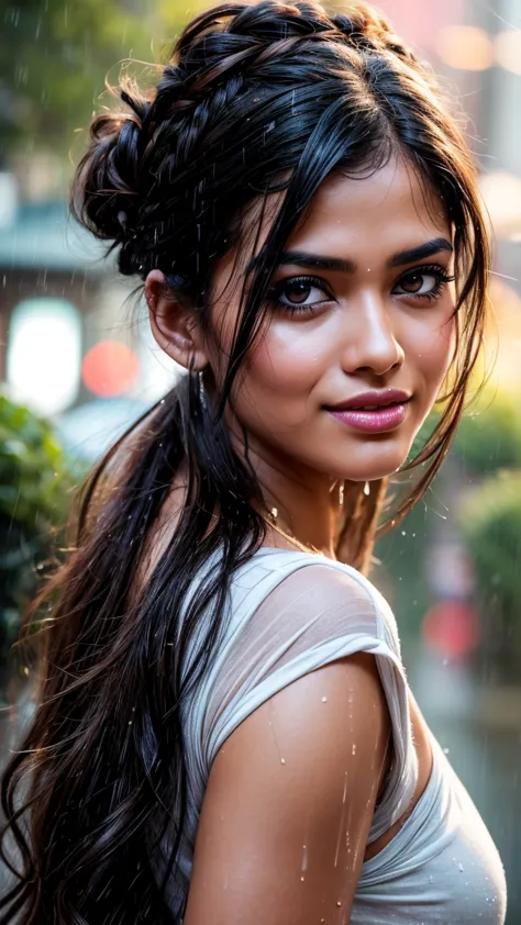 a masterpiece! a stunning indian girl, her disheveled hair a testament to the torrential rain that surrounds her. beautiful, det...