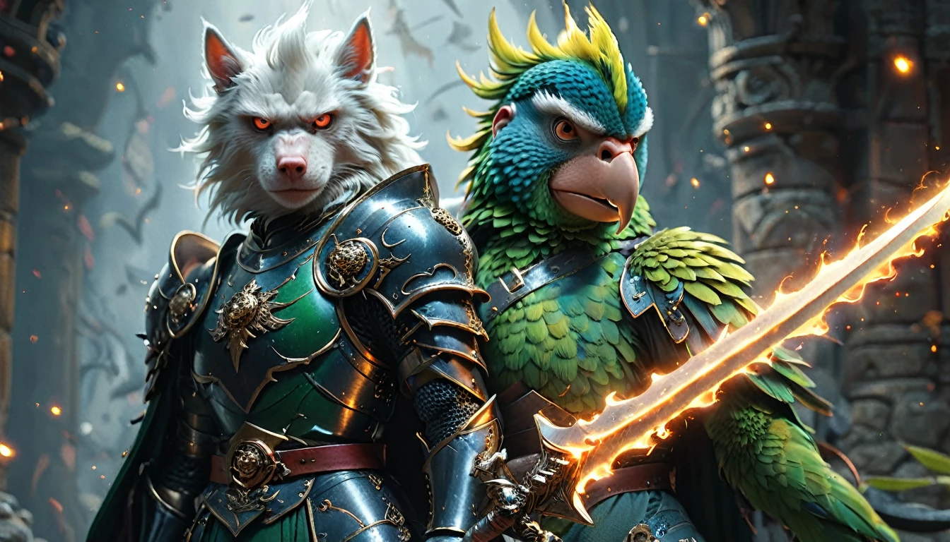 ((Cuatro personajes)), (Caballero gato, armadura negra, sosteniendo una espada rodeada de llamas), (artista marcial mono, adoptar una pose de lucha con puños relámpago), (perro samurai, armadura negra, Sosteniendo una espada japonesa en cada mano.), (Mago del loro verde, sombrero y bata de mago, varita en cada mano, con un círculo mágico violeta saliendo de la punta de su varita). ), en la mazmorra, crepúsculo, 4k, 3dcg, chispas volando, Alta resolución, obra maestra, alta calidad, Súper detallado, ultra detallado, ultra realista, mundo de fantasía, búsqueda del dragón como mundo, mundo medieval europeo, dron con ángulo superior, 3D esponjoso, lindos ojos grandes y redondos reflectantes, Representación de Pixar, irreal Cinematic Smooth Engine, detalle elaborado, irreal
