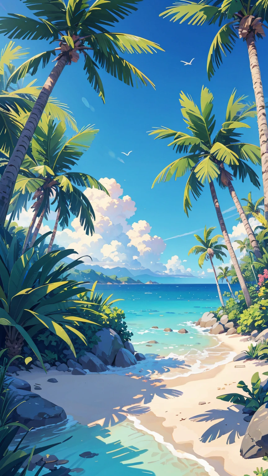 (illustration : 1.0), Epic Composition, Realistic lighting, High-resolution details, masterpiece, Best quality, (Highly detailed CG integrated 8k wallpaper) , Blue sky, blue ocean, View of the sea from the coastal forest, Palm tree in the middle of the screen