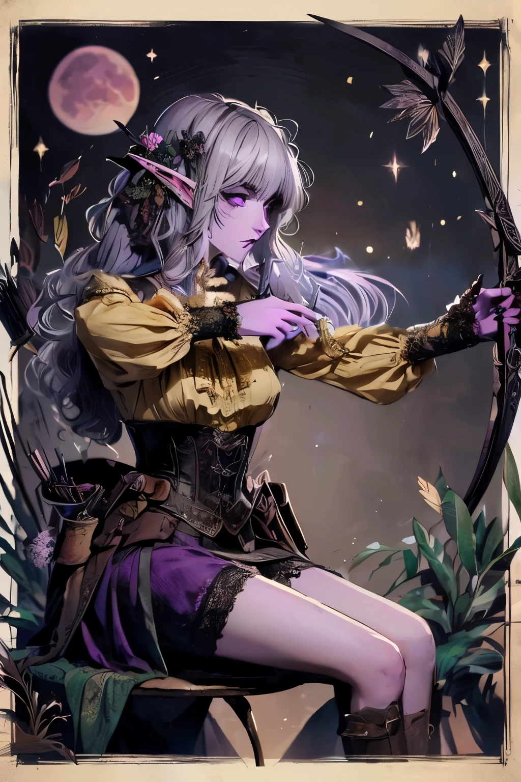(Ultra-detailed face, looking away), (Fantasy Illustration with Gothic & Ukiyo-e & Comic Art), (A middle-aged dark elf woman with silver hair, blunt bangs, very long disheveled hair, and dark purple skin, lavender eyes), (She is wearing a dark red Victorian blouse, lacy skirt, and knee-length light red laced sandals), (DeepwoodStalker:She stands by the fountain, one hand straight outstretched, firing arrows from a large bow:1.2)