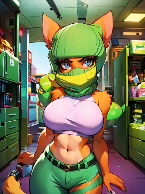 anthro bandicoot girl beautiful eyes, sexy ,seductive, warm jacket, tactic glovers camouflage beanie-balaclava hides the face ,