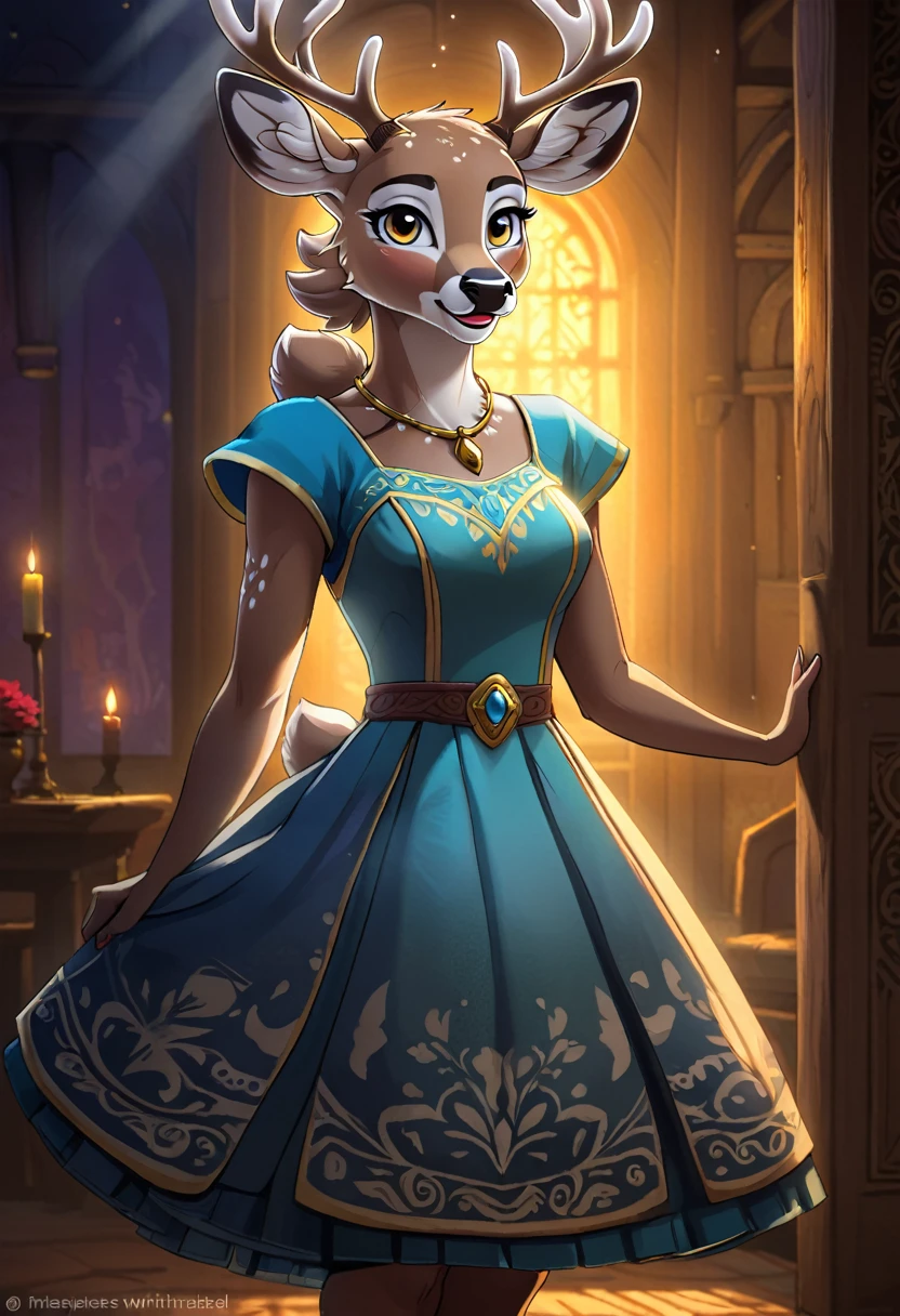 Create an illustrated, hand-drawn, full-color image of an anthropomorphic deer women. The artwork should be rendered in the style of "Breath of the Wild," featuring warm lighting and shadows. Include graphite shading, stencil marks, and airbrushed acrylic paint effects. dress. The image should be of the highest quality, a masterpiece with intricate details. The deer women should have a female, humanoid, furry appearance with grey skin. She should have luscious lips, a wide smile, and bright, expressive eyes, exuding beauty, cuteness, and adorableness. Ensure the image is high resolution and sharply detailed, with a detailed and vibrant background. Incorporate mystical lighting in the background, creating a romantic and enchanting atmosphere.
