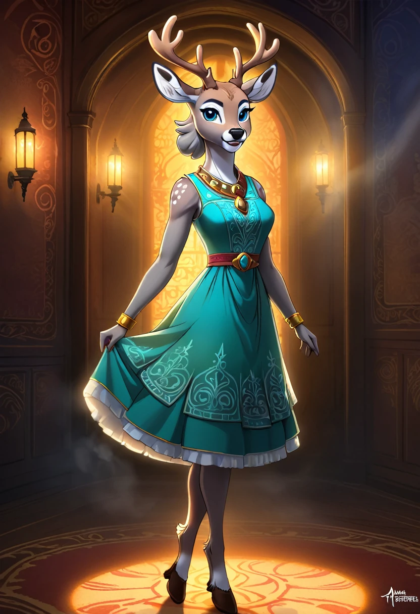 Create an illustrated, hand-drawn, full-color image of an anthropomorphic deer women. The artwork should be rendered in the style of "Breath of the Wild," featuring warm lighting and shadows. Include graphite shading, stencil marks, and airbrushed acrylic paint effects. dress. The image should be of the highest quality, a masterpiece with intricate details. The deer women should have a female, humanoid, furry appearance with grey skin. She should have luscious lips, a wide smile, and bright, expressive eyes, exuding beauty, cuteness, and adorableness. Ensure the image is high resolution and sharply detailed, with a detailed and vibrant background. Incorporate mystical lighting in the background, creating a romantic and enchanting atmosphere.
