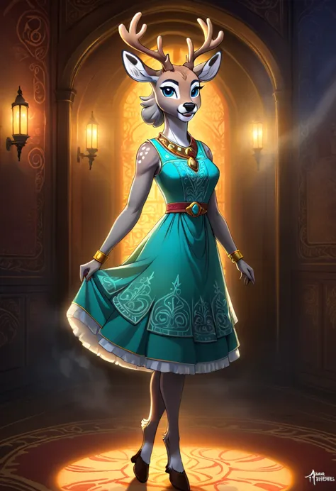 Create an illustrated, hand-drawn, full-color image of an anthropomorphic deer women. The artwork should be rendered in the styl...