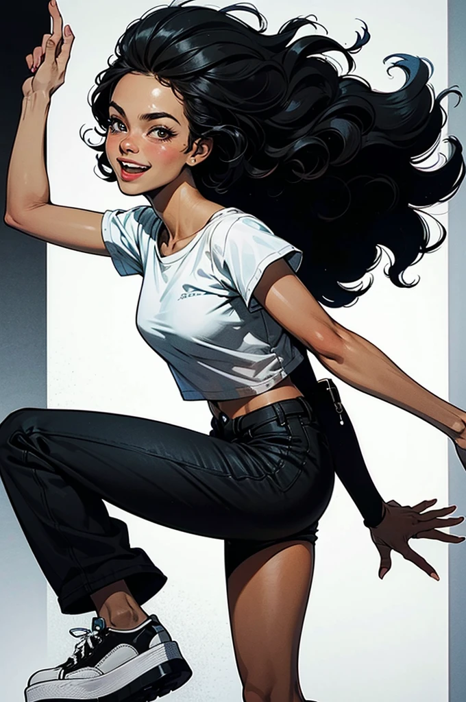Poster, pop art style, simple colors, dancing, jumping art, break dancing, intense movement. vitality Dancing on a white background, hair fluttering, cute girl, 16 years old, smiling brightly, mouth half open (black hair, short wavy hair), (cropped cargo pants, white t-shirt, platform sneakers), (detailed fingers Delicate, detailed body, detailed arms, human hands, (beautiful detailed face), dynamic posture,