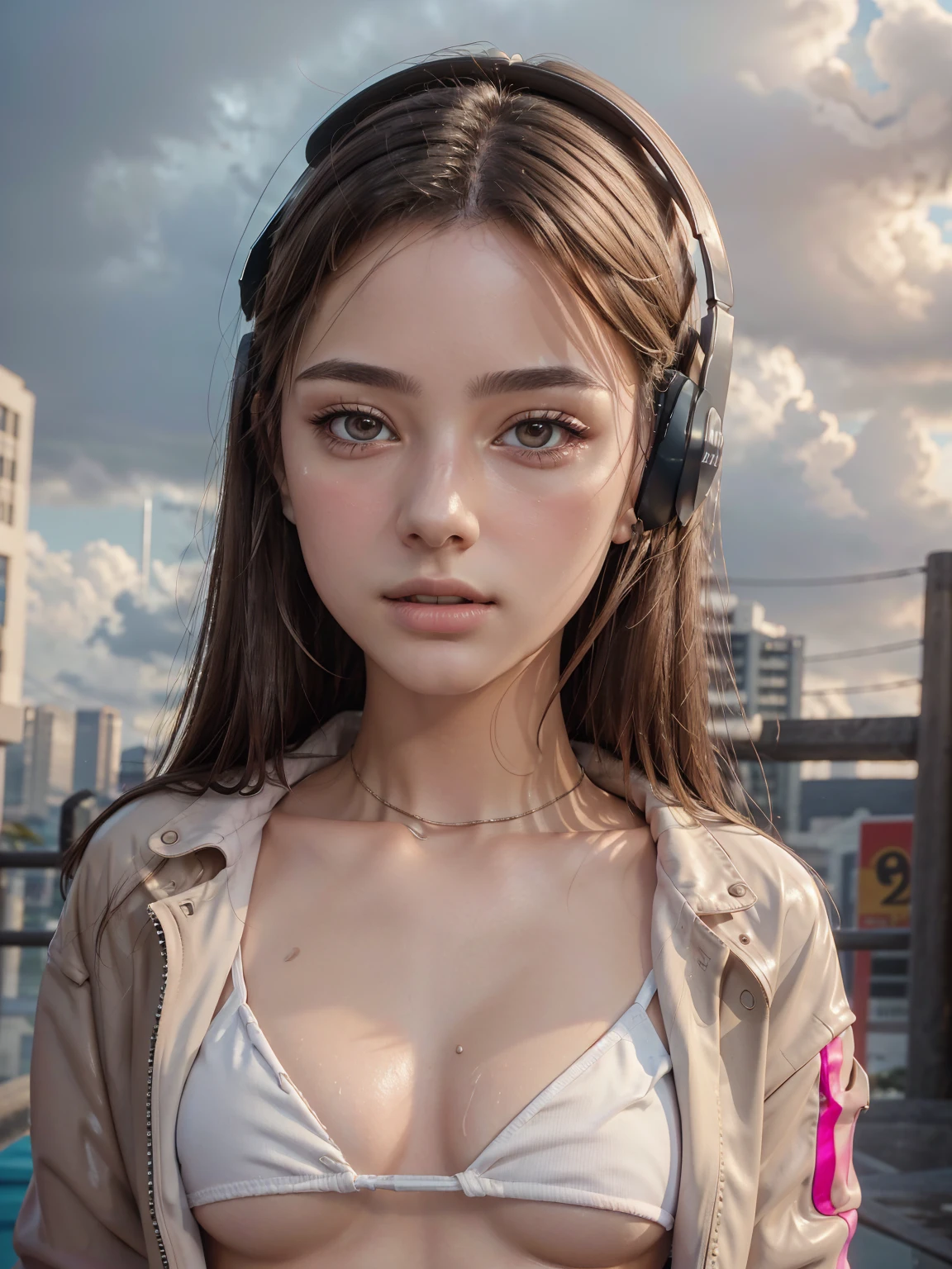 Masterpiece, of the highest quality, super detailed, 8k, RAW Photos, realist, A girl, alone, rim light, super detailed face, (contrasting:1.1), Shoot from the front, (head shot:1.6), Upper part of the body, SMILE, Incredibly cute young Russian girl, droopy eyes, pale pink full lips, Medium Length Straight Light Brown Hair.、with bangs, Thin light brown eyebrows., Oily skin, wet skin, Wearing an ivory and pink cyberpunk style bikini and jacket., Put on some high-tech headphones., medium chest, Cyberpunk city residential area, Storm clouds in the sky, Midsummer
