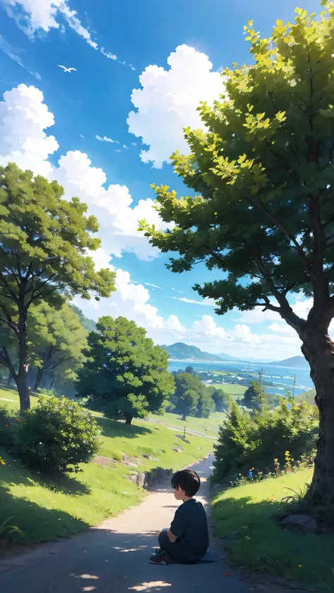  A serene anime-style landscape under a bright blue sky with fluffy white clouds. A lush, green tree with thick foliage stands t...