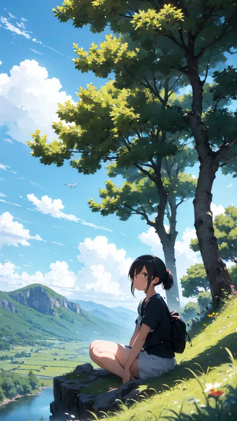 A serene anime-style landscape under a bright blue sky with fluffy white clouds. A lush, green tree with thick foliage stands t...