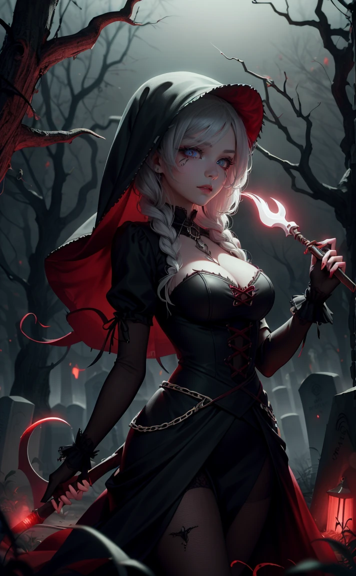 Gothic vampire girl, black gothic clothes, sexy in the cemetery, She is holding a spear with one hand, fully body