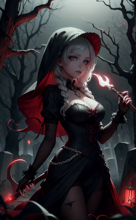 gothic vampire girl, black gothic clothes, sexy in the cemetery, she is holding a spear with one hand, fully body