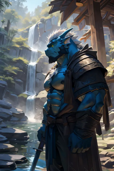 middle aged male dragonborn furry dnd, robust, barbarian warrior, shirtless, big hairy pecs, defined abs, happy trail, thick bra...