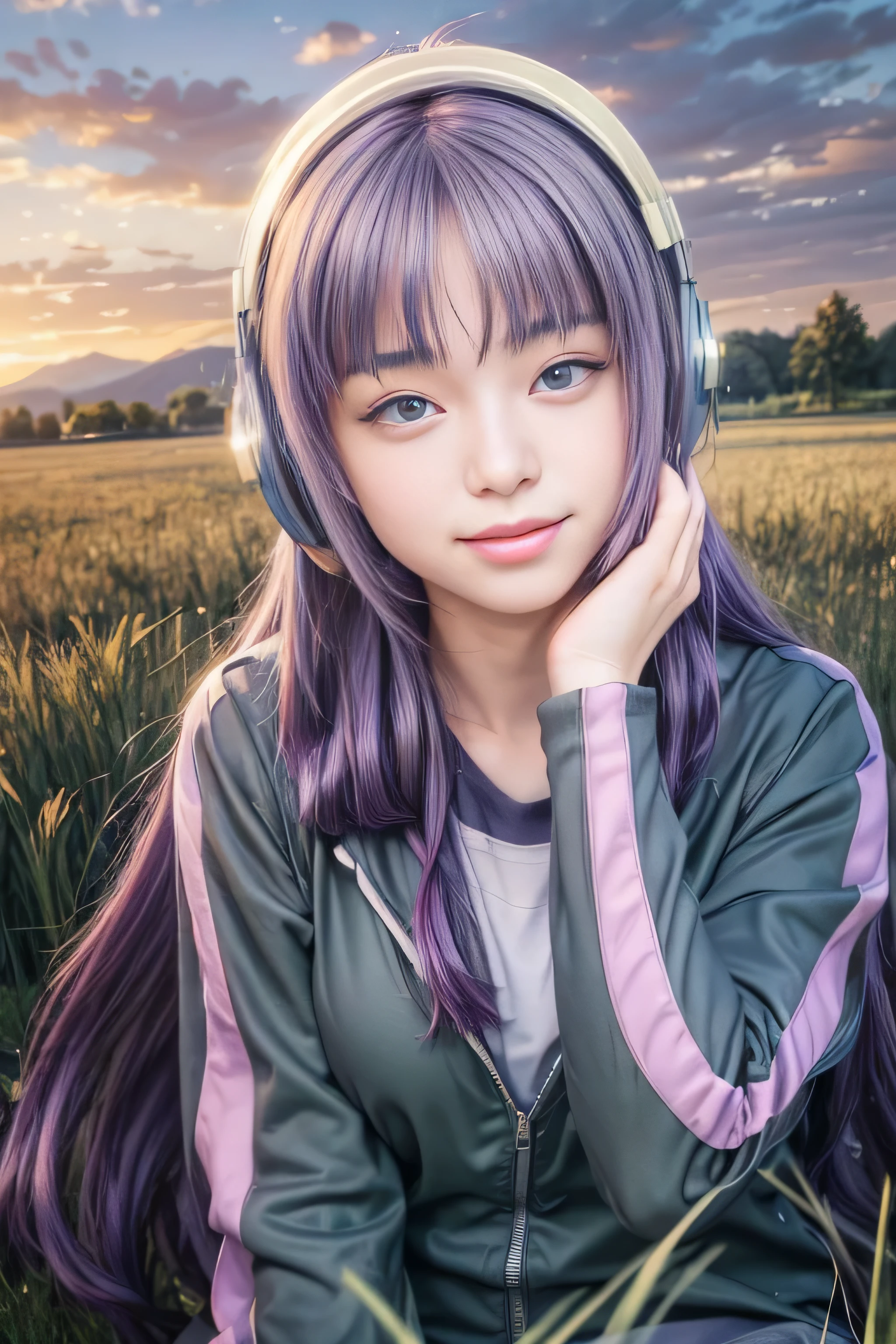 masterpiece, best quality, (realistic,photo-realistic:1.4), (RAW photo:1.2), extremely detailed CG unity 8k wallpaper, delicate and beautiful, amazing,finely detail, official art, absurdres, incredibly absurdres, huge filesize, ultra-detailed,extremely detailed eyes and face,light on face,(little smile),sumire kakei,(purple hair:1.4),(long hair:1.6),(grass field background:1.4),night,(wearing headphone:1.3),jacket,white t-shirt inside jacket