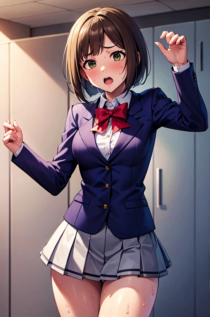 masterpiece, Highest quality, High resolution, MyMiku, short hair, teeth, , Red Bow, Collared shirt, Blue jacket, blazer, Long sleeve, Pleated skirt, Grey Skirt, Black knee socks, Cowboy Shot, anger, Are standing, locker room,Shirt open,Skirt flip,Panties in full view,Sweat,,semen