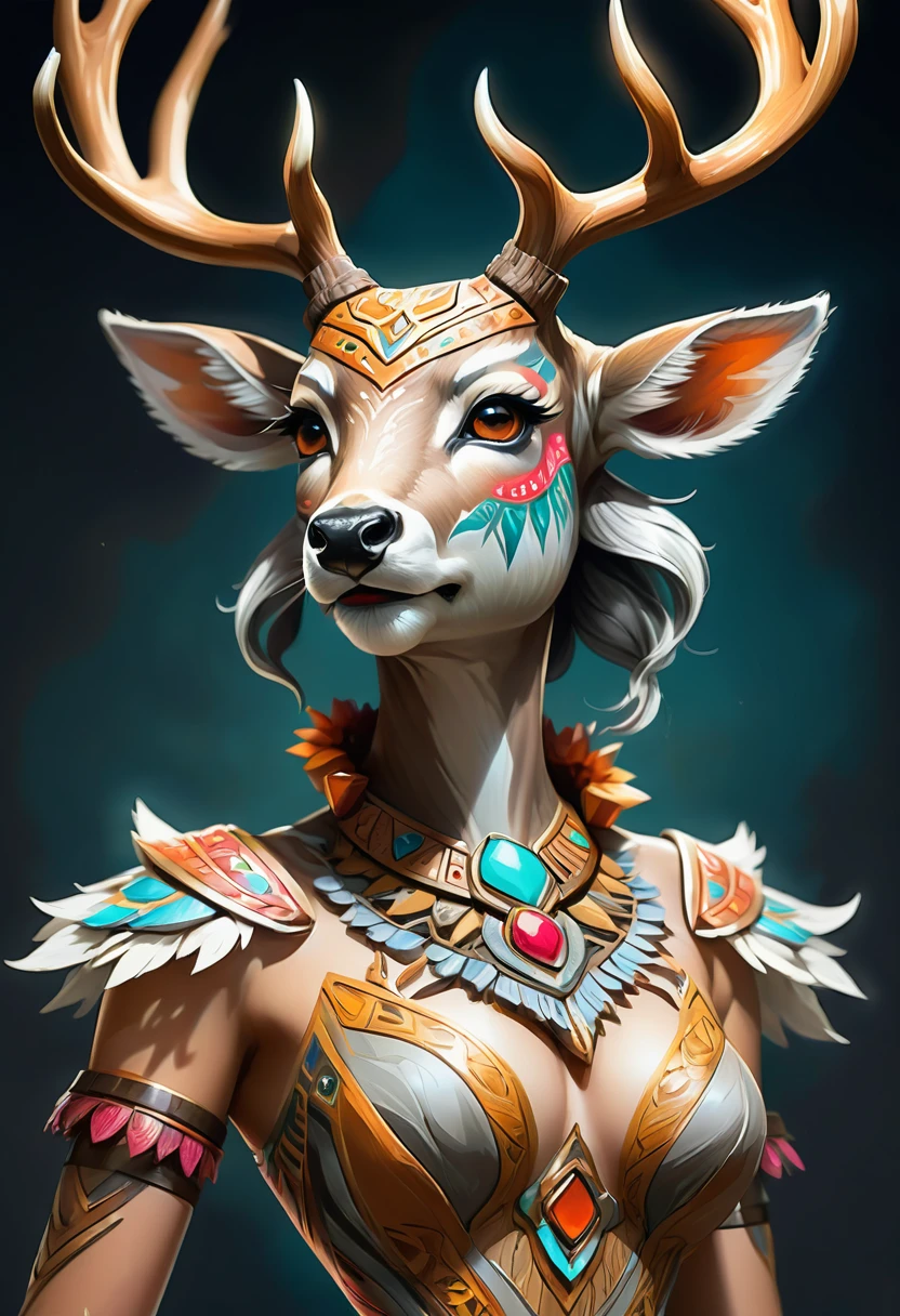 Create an illustrated, hand-drawn, full-color image of an anthropomorphic deer women. The artwork should be rendered in the style of "Breath of the Wild," featuring warm lighting and shadows. Include graphite shading, stencil marks, and airbrushed acrylic paint effects. dress. The image should be of the highest quality, a masterpiece with intricate details. The deer women should have a female, humanoid, furry appearance with grey skin. She should have luscious lips, a wide smile, and bright, expressive eyes, exuding beauty, cuteness, and adorableness. Ensure the image is high resolution and sharply detailed, with a detailed and vibrant background. Incorporate mystical lighting in the background, creating a romantic and enchanting atmosphere.
