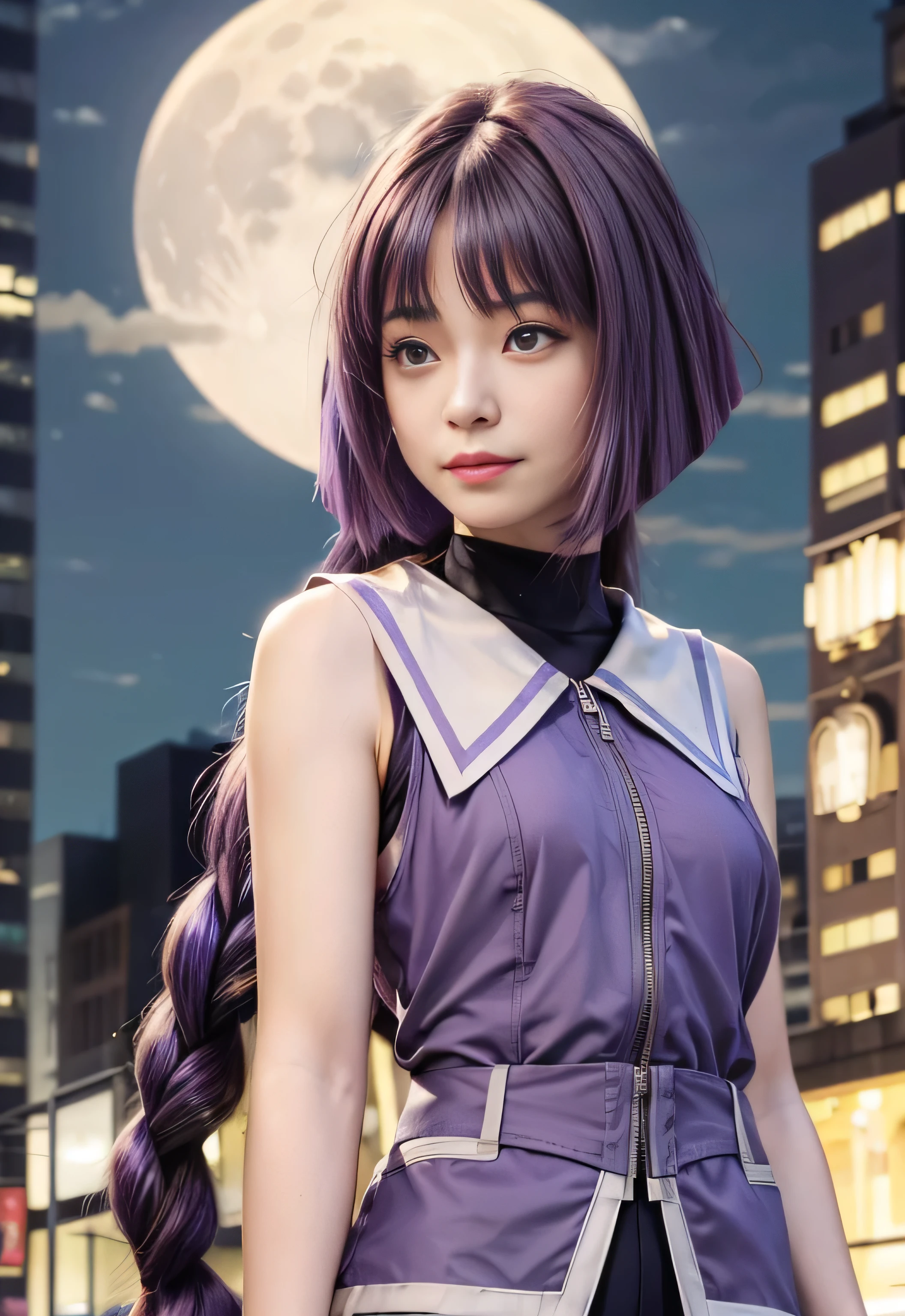 masterpiece, best quality, (realistic,photo-realistic:1.4), (RAW photo:1.2), extremely detailed CG unity 8k wallpaper, delicate and beautiful, amazing,finely detail, official art, absurdres, incredibly absurdres, huge filesize, ultra-detailed,extremely detailed eyes and face,light on face,(little smile),sumire kakei,(purple hair:1.4),(long hair:1.6),(city background:1.4),moon,night,(wearing sleeveless clothes:1.3)