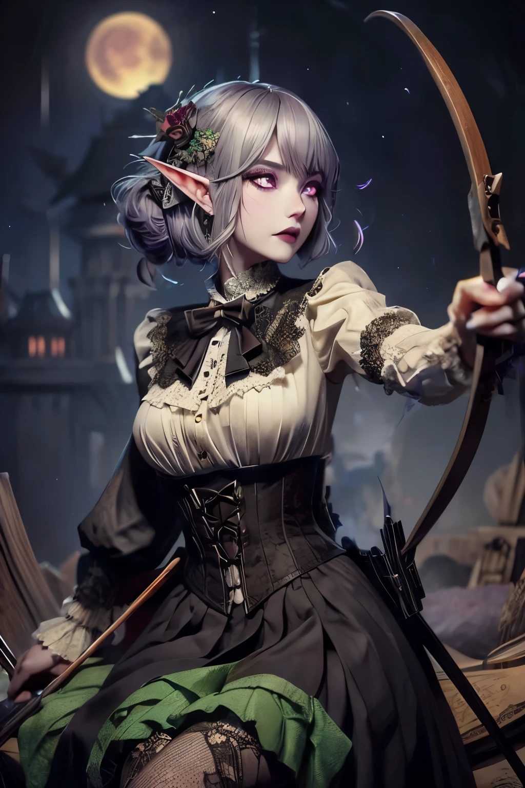 (Ultra-detailed face, looking away), (Fantasy Illustration with Gothic & Ukiyo-e & Comic Art), (A middle-aged dark elf woman with silver hair, blunt bangs, very long disheveled hair, and dark purple skin, lavender eyes), (She is wearing a dark red Victorian blouse, lacy skirt, and knee-length light red laced sandals), (DeepwoodStalker:She stands by the fountain, one hand straight outstretched, firing arrows from a large bow:1.2)