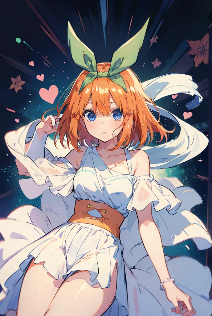 Yotsuba Nakano, danser au clair de lune, pose dynamique, Fond clair de lune, tout le corps, danseuse, jolie robe fluide, Vent, doux visage de rêve, (Vieil animé, anime vintage, Style animé des années 90, style naoko takeuchi, chef-d&#39;œuvre、qualité supérieure, art officiel、Magnifiquement esthétique:1.2)、(une fille de beauté:1.3)、couleurs vives、coloré, photographie magique, Éclairage dramatique, détails complexes, (1 fille, seulement, seul), , SFW, Nakano_Yotsuba, yeux bleus, Yeux indigo, aaYotsuba, sparkling yeux bleus, SFW, jolie adolescente avec des cheveux orange mi-longs, ruban à cheveux, ruban vert, heart shaped lips and yeux bleus making a Mignon face, rougir, aaYotsuba, Nakano Yotsuba from The Quintessential Quintuplets, Yotsuba Nakano, chef-d&#39;œuvre, 4k, ultradétaillé, tir de cow-boy, cheveux orange mi-longs,, rougir,, yeux bleus, innocent, pur, kawaii, tendre, Beau, gai, Mignon