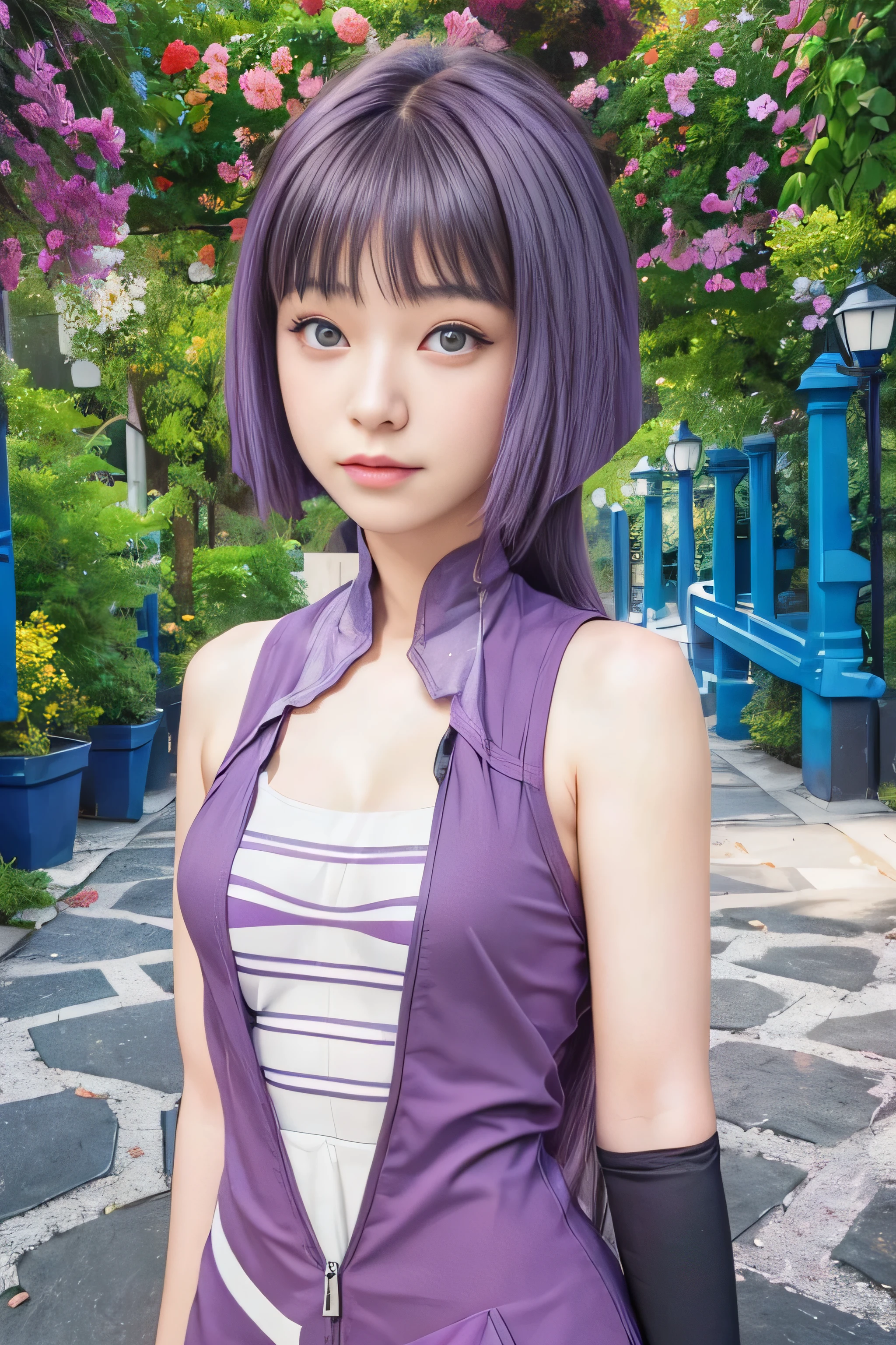 masterpiece, best quality, (realistic,photo-realistic:1.4), (RAW photo:1.2), extremely detailed CG unity 8k wallpaper, delicate and beautiful, amazing,finely detail, official art, absurdres, incredibly absurdres, huge filesize, ultra-detailed,extremely detailed eyes and face,light on face,sumire kakei,(little smile),(purple hair:1.4),(long hair:1.6),(wearing clothes:1.5),street,garden,(medium breast:1.3),bandage body