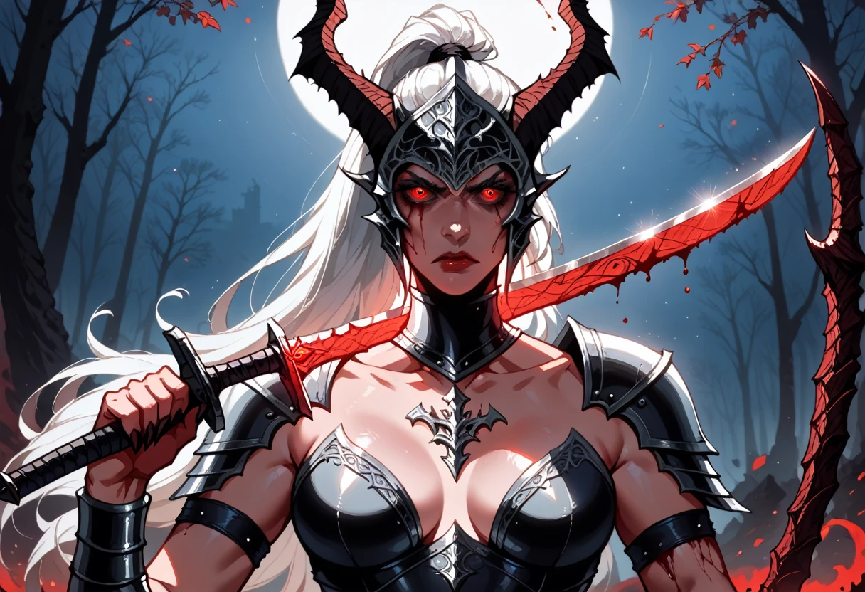 8k resolution, depth of field, photorealistic, lens flare, ((best quality)), (((intricate details))), highly detailed, (((cinematic effect))), looking at viewer,1girl,breasts,long hair, ((white hair with black highlights)), ponytail, glowing red eyes, serious and severe face, demonic armor, helmet in the shape of a blood red dragon head,holding, holding weapon, sword, holding sword, the blade and blood red color, night, (underworld,hells), well of cursed souls, the river styx, one of the 4 rivers of hell in the background