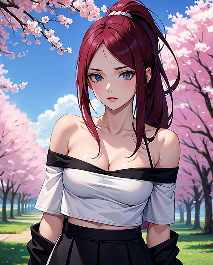 best quality, highres,uzumaki_kushina,Slender、small face、blue eyes、tall、In town、long hair、ponytail,(white short sleeve t-shirt:1.4 BREAK)、(black skirt:1.2)、(beautiful woman:1.5)、25 years old、Mature、midriff peek,(off-the-shoulder:1.3)、(I can see the cleavage:1.3),face on front , standing,cherry trees,full body shot