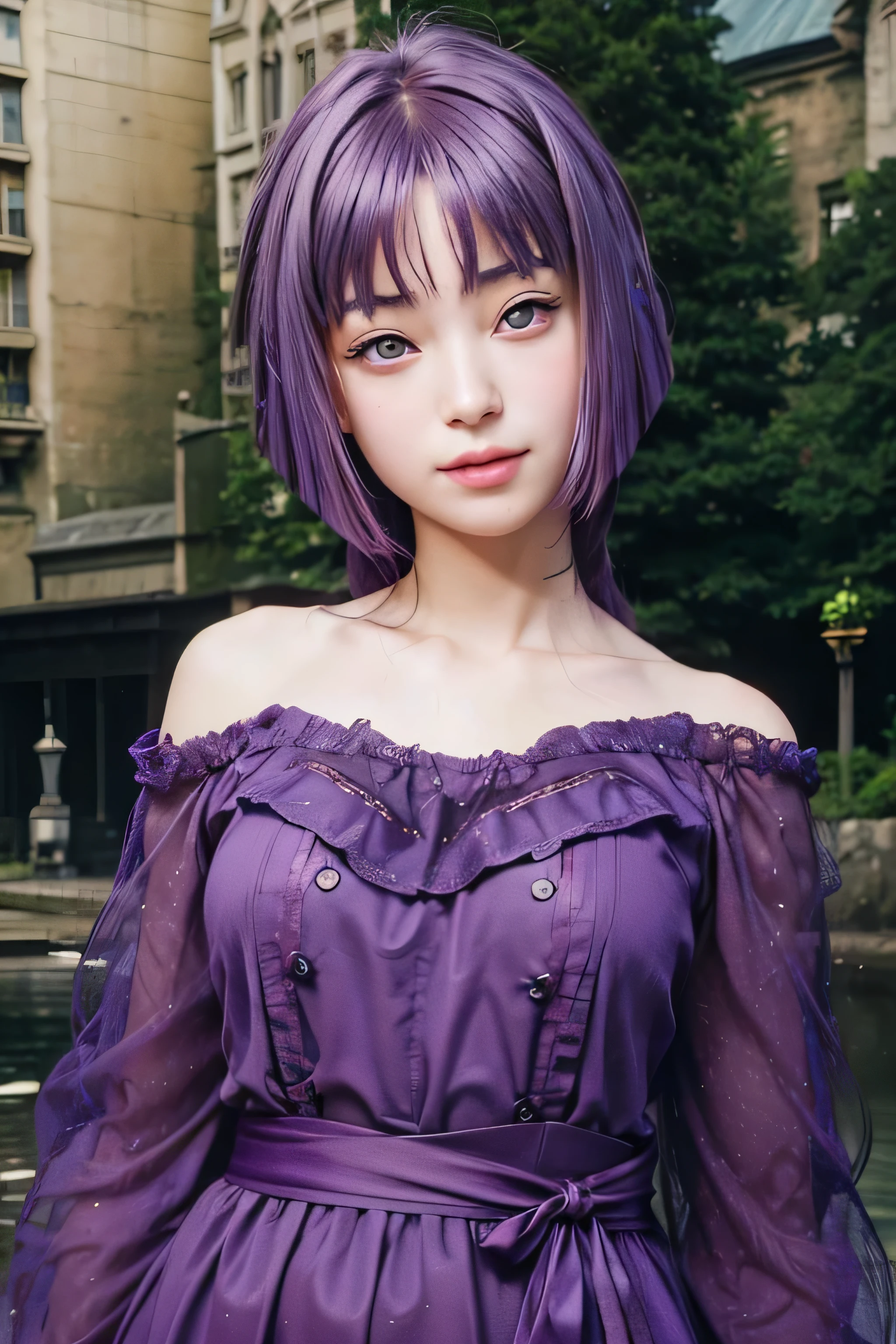 masterpiece, best quality, (realistic,photo-realistic:1.4), (RAW photo:1.2), extremely detailed CG unity 8k wallpaper, delicate and beautiful, amazing,finely detail, official art, absurdres, incredibly absurdres, huge filesize, ultra-detailed,extremely detailed eyes and face,light on face,sumire kakei,(little smile),(purple hair:1.4),(long hair:1.6),(wearing dress:1.4),lake,street,castle