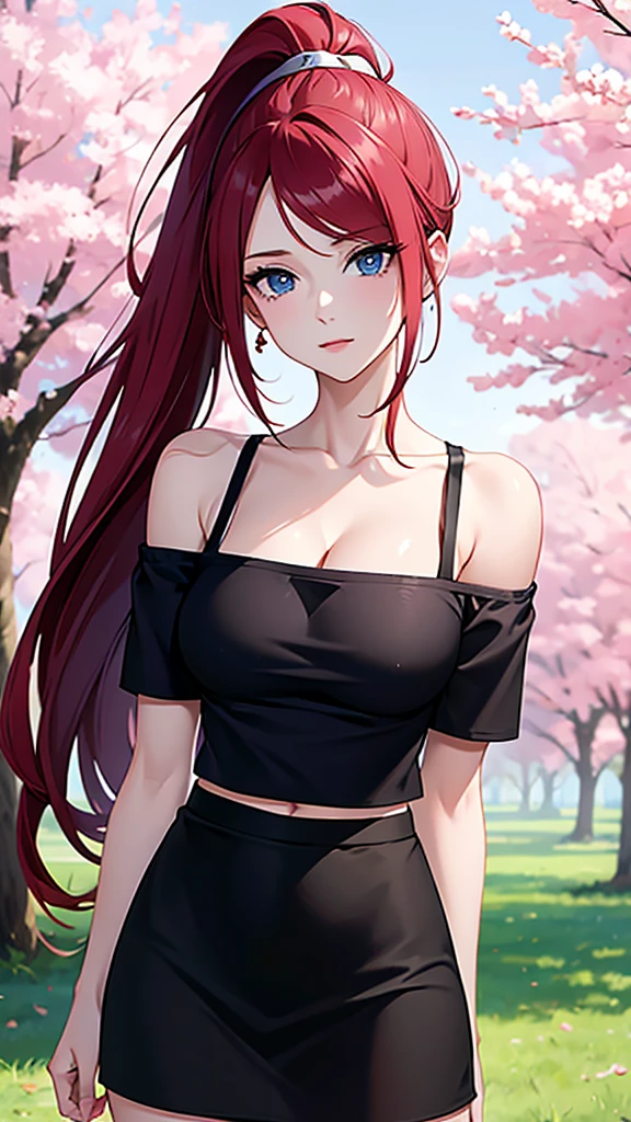 best quality, highres,uzumaki_kushina,Slender、small face、blue eyes、tall、In town、long hair、ponytail,(white short sleeve t-shirt:1.4 BREAK)、(black skirt:1.2)、(beautiful woman:1.5)、2、Mature、midriff peek,(off-the-shoulder:1.3)、(I can see the cleavage:1.3),face on front , standing,cherry trees,full body shot