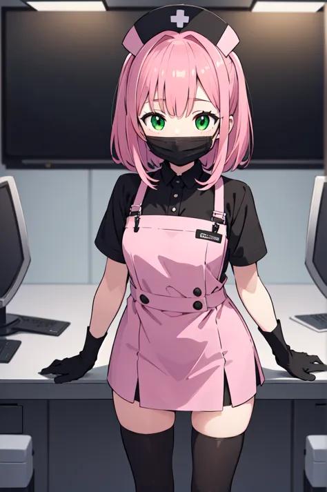 black nurse, 1girl, solo, black nurse cap, black nurse uniform, ((black legwear, zettai ryouiki)), black elbow gloves, pink hair...