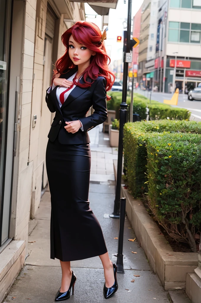 ariel adulto sexy (La Sirenita), con su cabello rojo peinado como en la caricatura, con un traje de negocios negro profesional con falda, mostrando sus piernas sexys