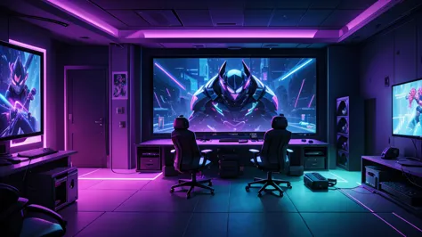 gaming room, neon lights, semi dark room , special effects, only screen and monitors, anime correctors photos in wall, realistic...
