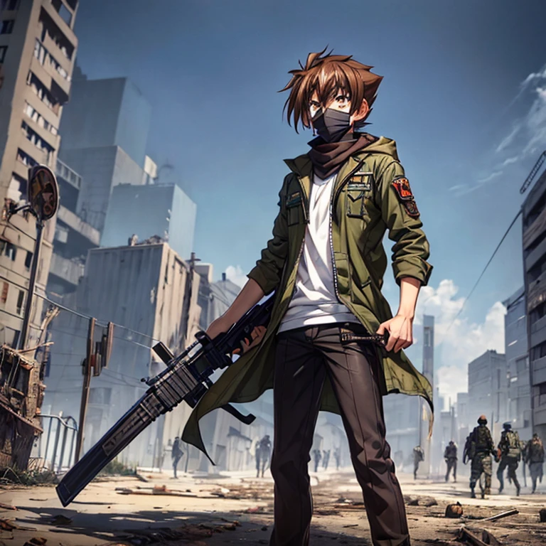 issei_hyoudou, brown hair, brown eyes, hair between eyes,ragged cape,scarf mouth mask,hooded,full body,(background), post apocalypse zombie,city ruins,military vest,white shirt,camouflage military pants,holding weapon