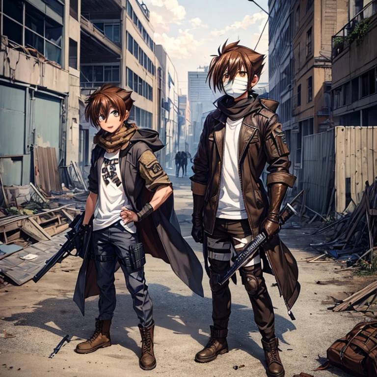 issei_hyoudou, brown hair, brown eyes, hair between eyes,ragged cape,scarf mouth mask,hooded,full body,(background), post apocalypse zombie,city ruins,military vest,white shirt,camouflage military pants,holding weapon