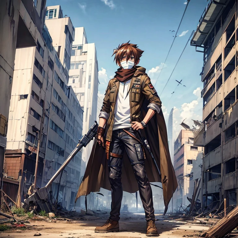 issei_hyoudou, brown hair, brown eyes, hair between eyes,ragged cape,scarf mouth mask,hooded,full body,(background), post apocalypse zombie,city ruins,military vest,white shirt,camouflage military pants,holding weapon