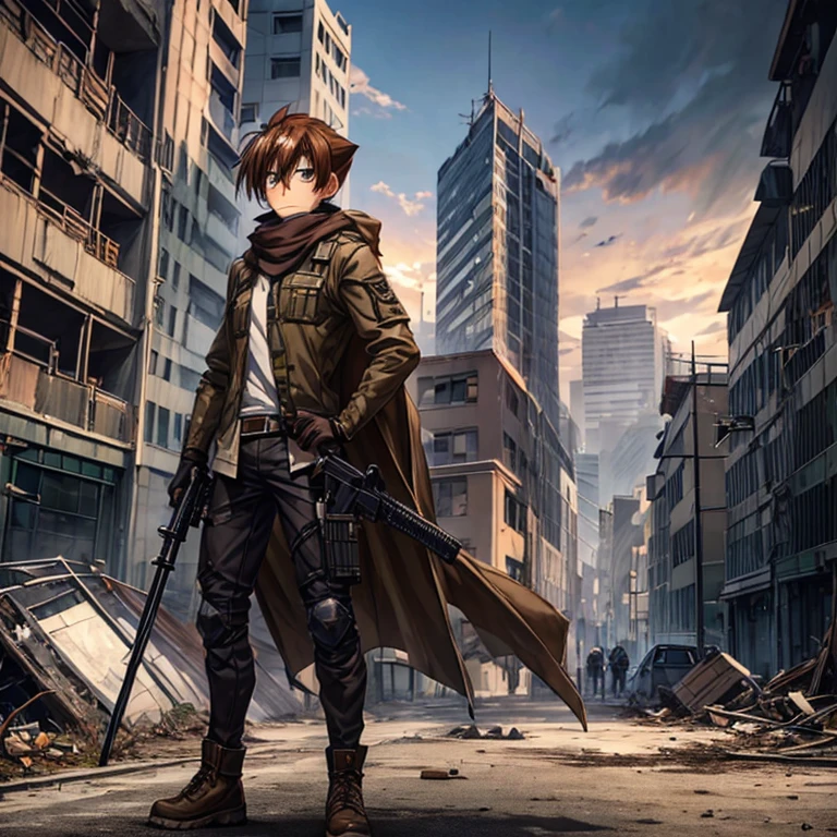 issei_hyoudou, brown hair, brown eyes, hair between eyes,ragged cape,scarf mouth mask,hooded,full body,(background), post apocalypse zombie,city ruins,military vest,white shirt,camouflage military pants,holding weapon