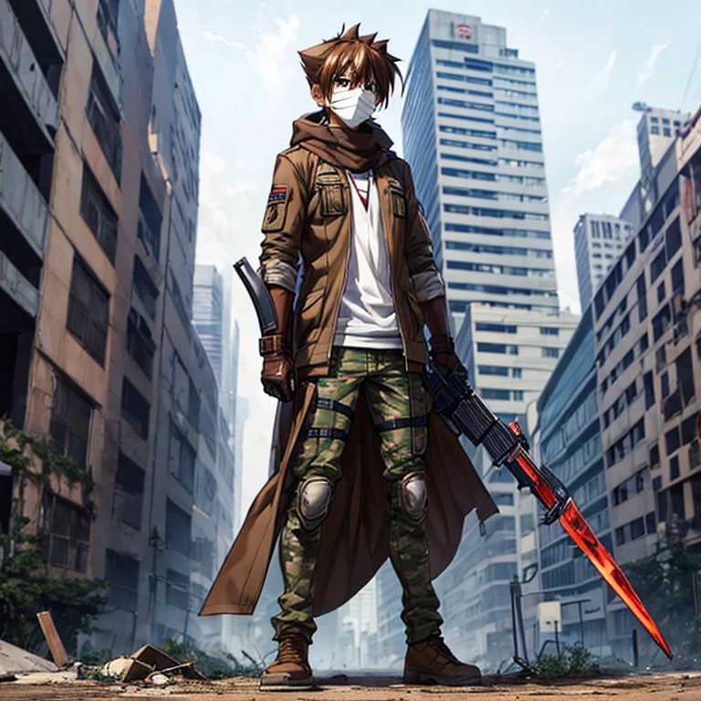 issei_hyoudou, brown hair, brown eyes, hair between eyes,ragged cape,scarf mouth mask,hooded,full body,(background), post apocalypse zombie,city ruins,military vest,white shirt,camouflage military pants,holding weapon