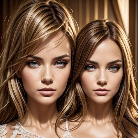 a realistic, photorealistic, photo-realistic portrait of 3 sexy girls, one with blonde hair, one with brunette hair, one with re...