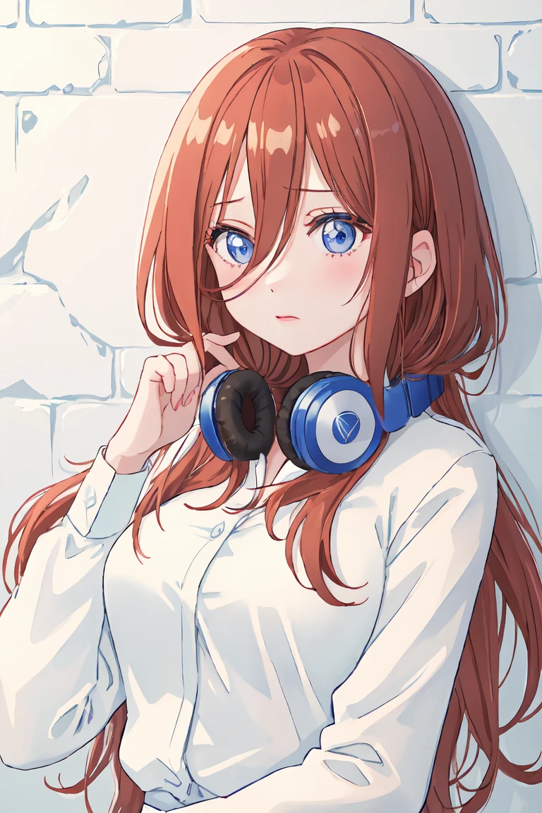 best quality, masterpiece, highres, solo, {nakano_miku_gotoubunnohanayome:1.15}, long_hair, brown_hair, bangs, hair_between_eyes, blue_eyes, headphones_around_neck, headphones, blush, closed_mouth, shiny_hair, 1girl, open_mouth, shirt, upper_body, white_shirt, breasts, brick_wall, long_sleeves, shiny