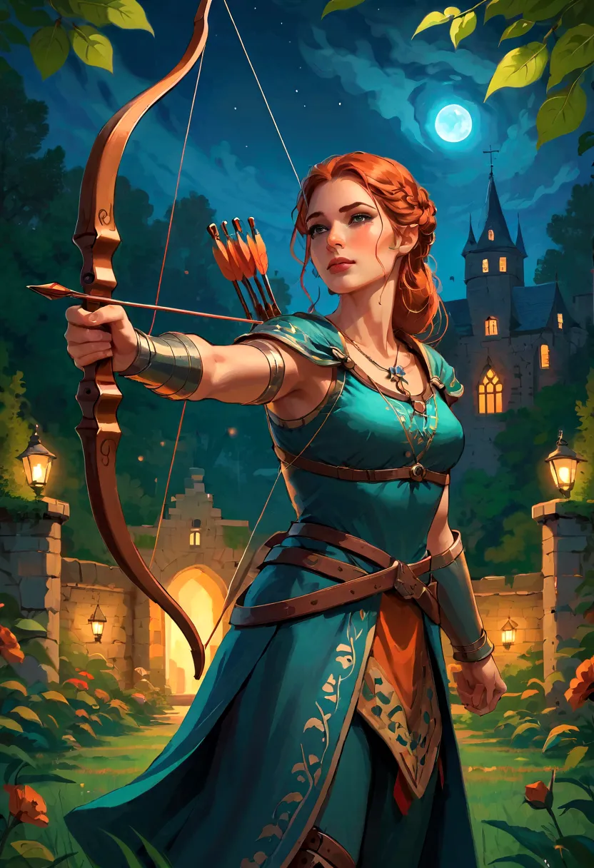 best quality, High target_solve, clearly_image, Detailed background ,1 Archer Woman, garden, night,Hook of Holland, Wide-angle l...