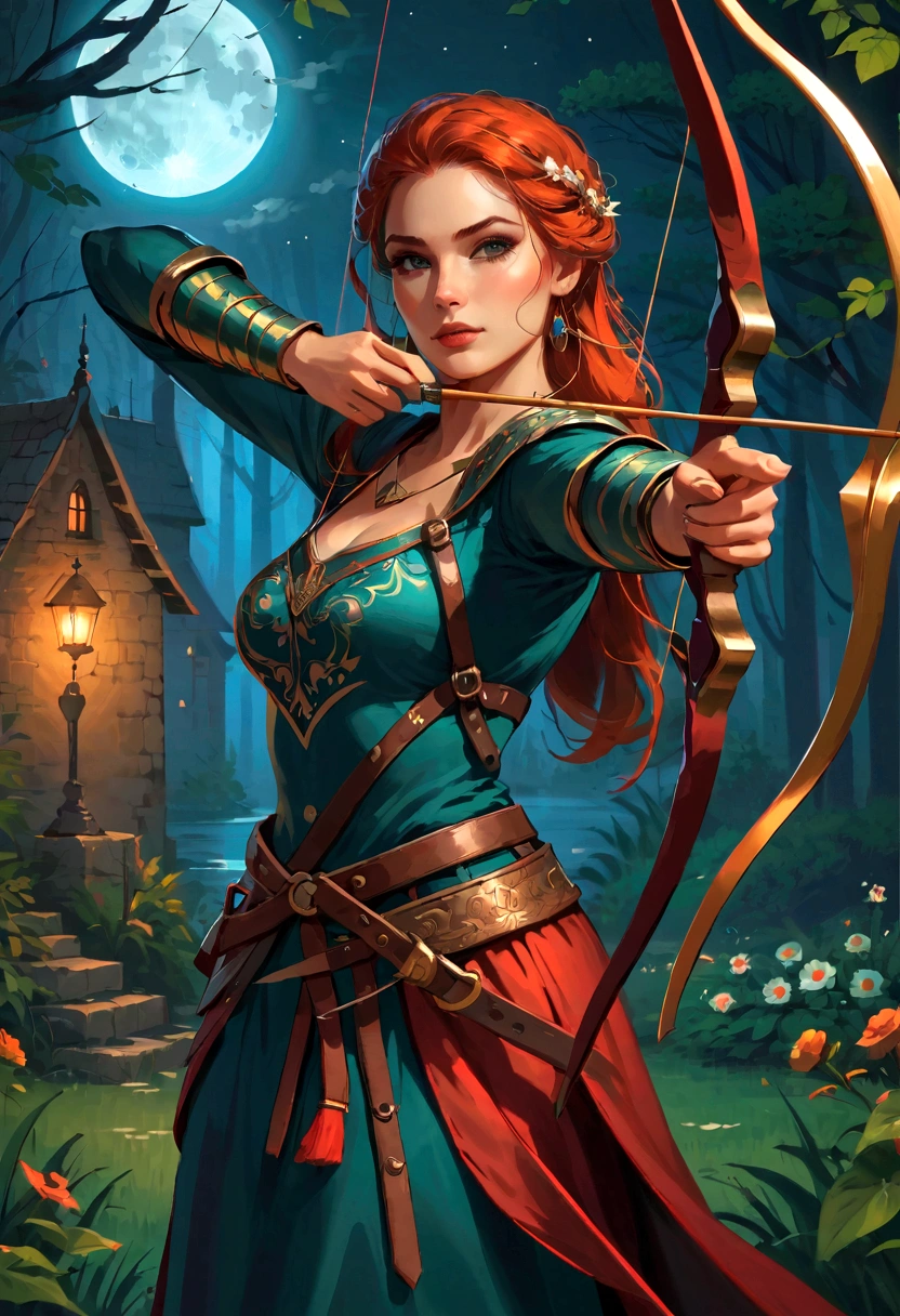 best quality, High target_solve, clearly_image, Detailed background ,1 Archer Woman, garden, night,Hook of Holland, Wide-angle lens, crown,