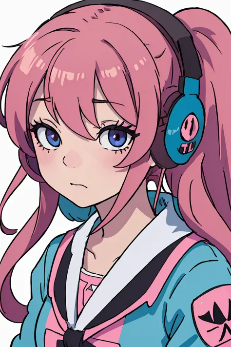 (studio lighting:1.2), deep focus bokeh, miku nakano, pink brown red hair, blue headphones, indigo eyes, goth style, 1 girl, nak...