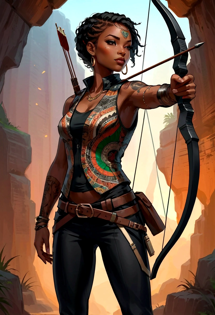 estilo animado, Chica arquera africana, Vistiendo una chaqueta africana, pantalones negros, En un ambiente oscuro con alto contraste. Múltiples tatuajes en los brazos.