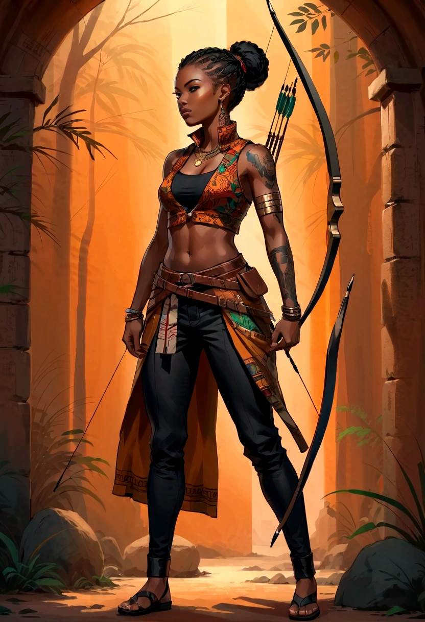 动漫风格, 非洲弓箭手女孩, 穿着非洲背心夹克, 黑裤子, 在高对比度的黑暗环境中. 手臂上有多处纹身