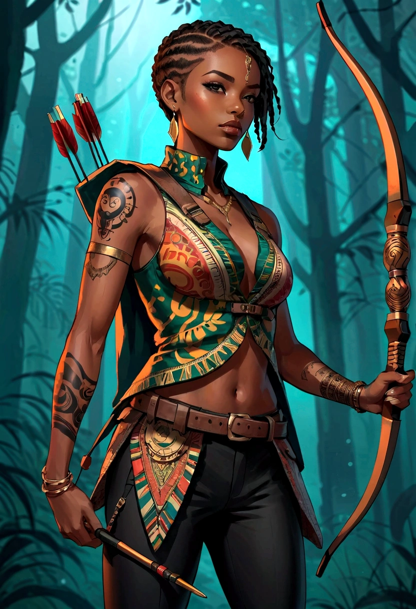 動漫風格, 非洲弓箭手女孩, 穿著非洲背心外套, 黑褲子, 在高對比的黑暗環境中. 手臂上有多個紋身