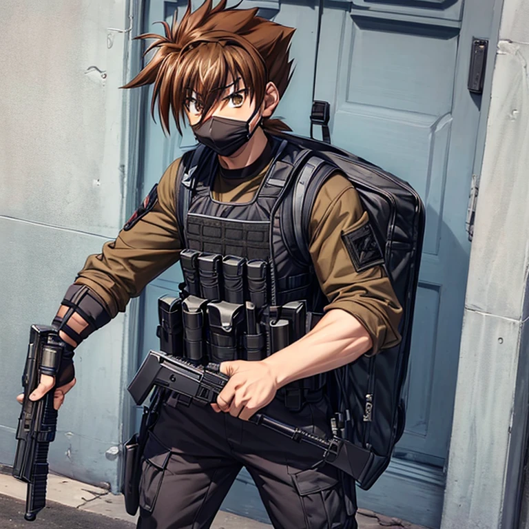 1man, issei_hyoudou, athletic build,(tactical mouth mask), strong pose, full body,(tactical vest, kevlar),black mountain backpack, fingerless gloves , brown hair, brown eyes, hair between eyes,(black-red camouflaged pants),(black shirt),holding large weapon,(assault rifle),