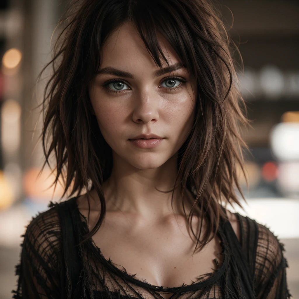 Pale woman wearing shredded grunge shirt, dark messy hair, staring at viewer, perfect quality, sharp focus, shallow depth of field, 8k, flash photography, dread in eyes