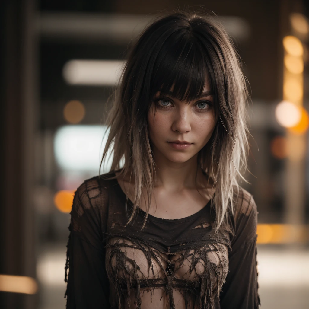 Pale woman wearing shredded grunge shirt, dark messy hair, staring at viewer, perfect quality, sharp focus, shallow depth of field, 8k, flash photography, dread in eyes