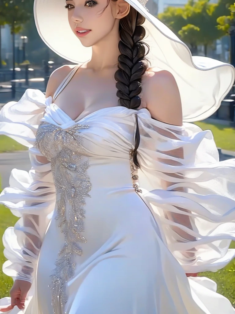 A close up of a woman wearing a white hat and a white dress