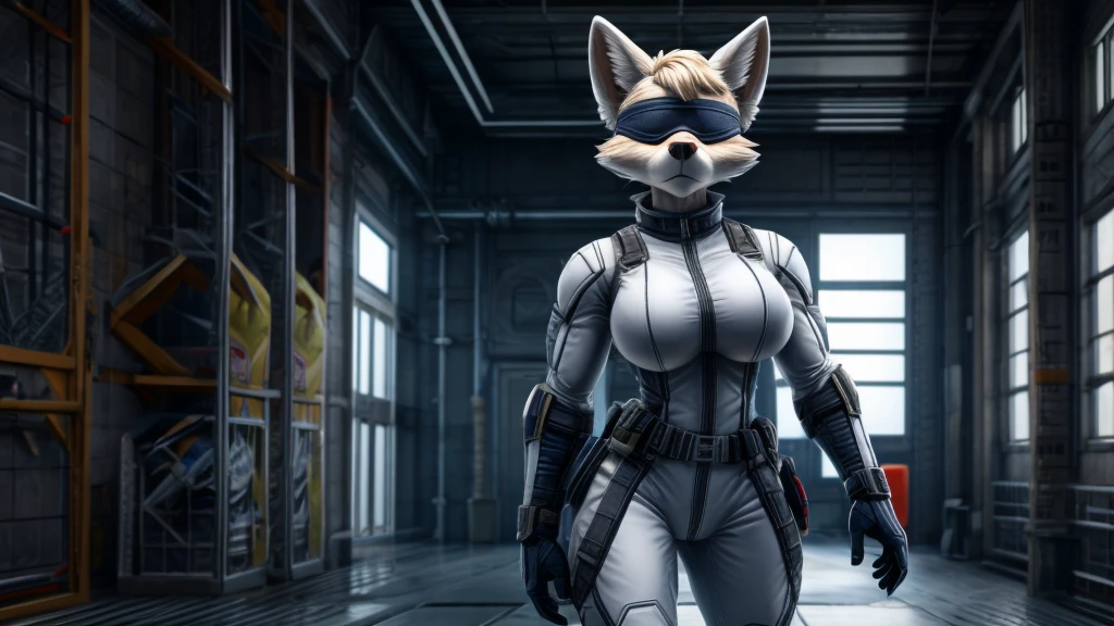 Skye from Paw Patrol, as a female white fox, short hair, blindfold, mature adult, big breasts, big butt, muscular, slim, white combat suit, standing, serious, detailed, solo, beautiful, high quality, 4K