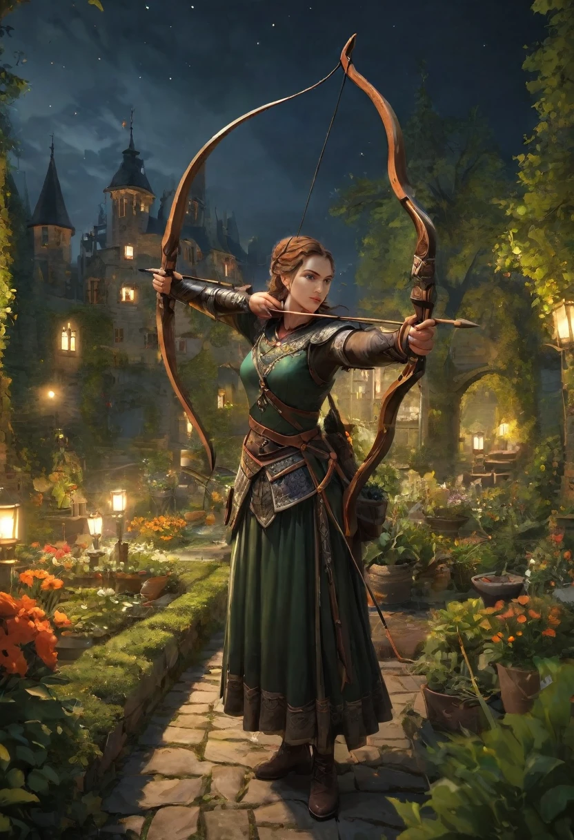 best quality, High target_solve, clearly_image, Detailed background ,1 Archer Woman, garden, night,Hook of Holland, Wide-angle lens, crown,